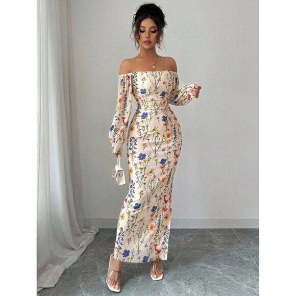 New Women's Elegant Off-Shoulder Floral Branch Print Mesh Elastic Waist Ru - Picture 5 of 6